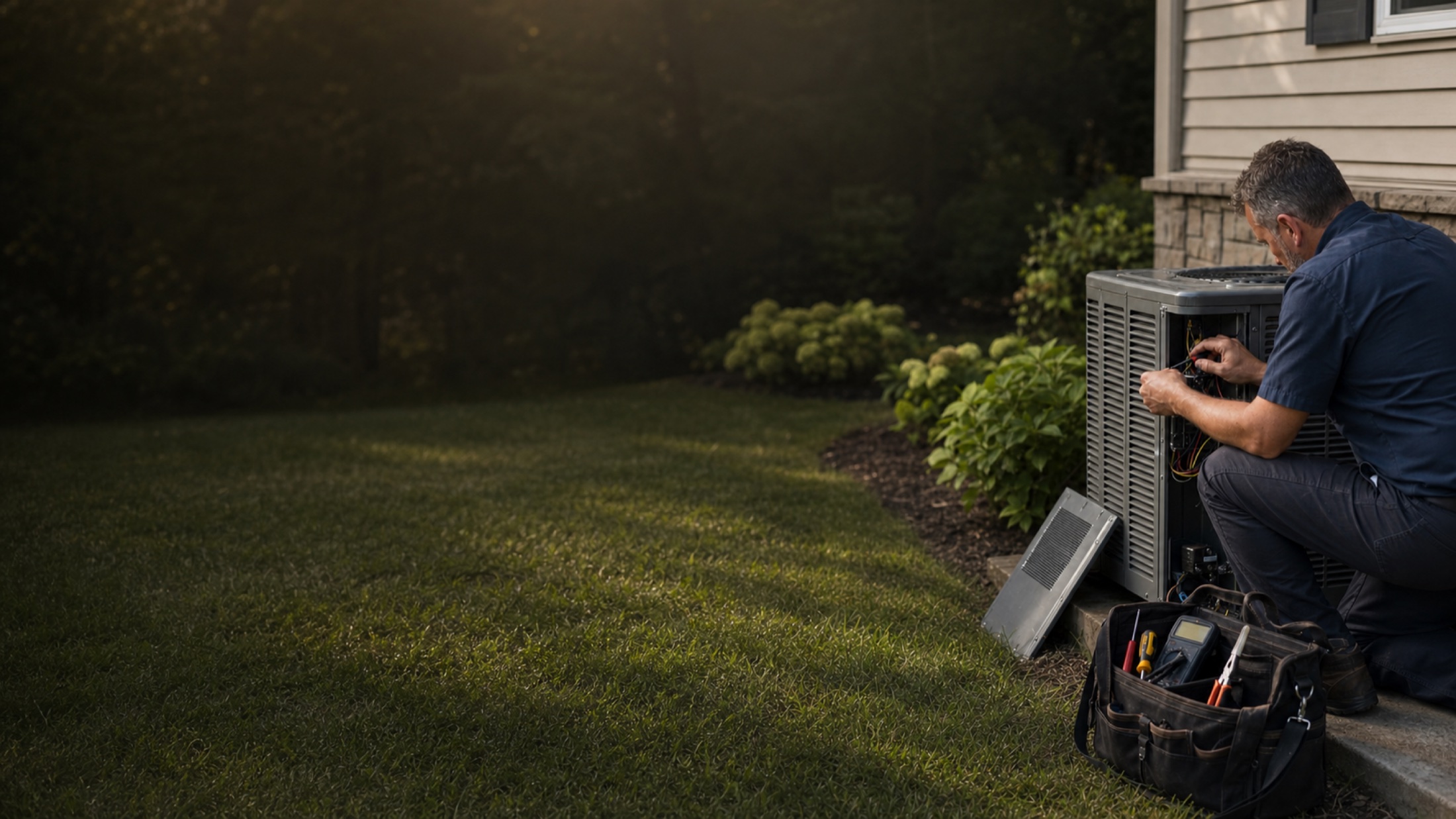 HVAC technician repairing a residential outdoor unit